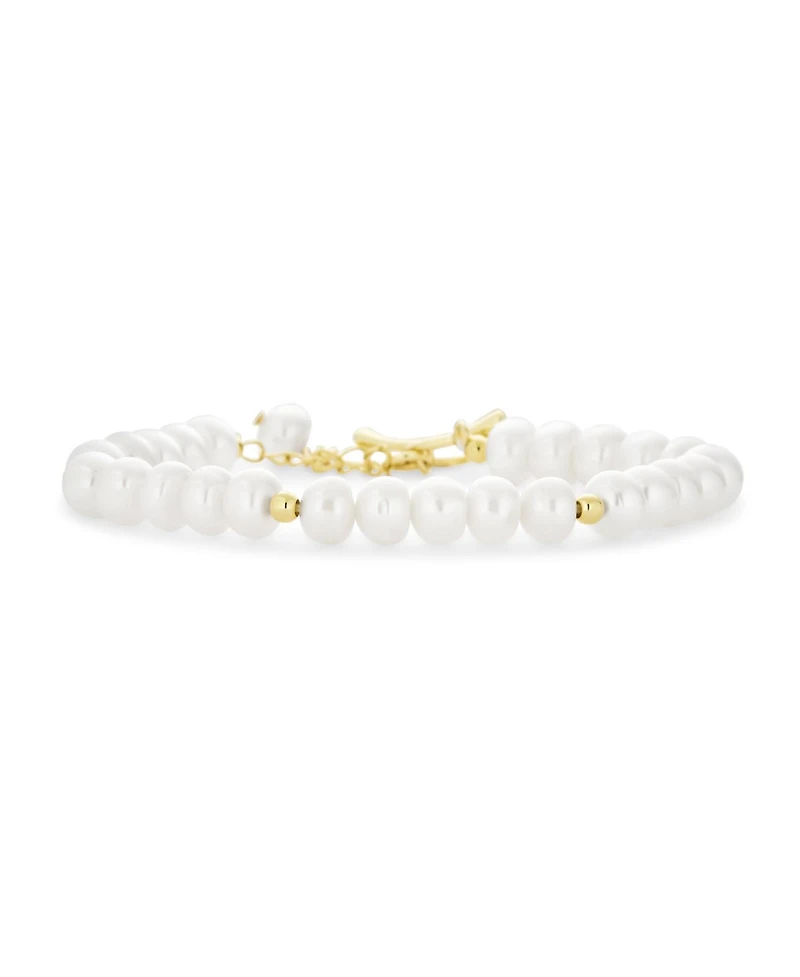 Bling Jewelry Traditional 5MM White Freshwater Pearl Strand Bracelet with Gold Beads 7"