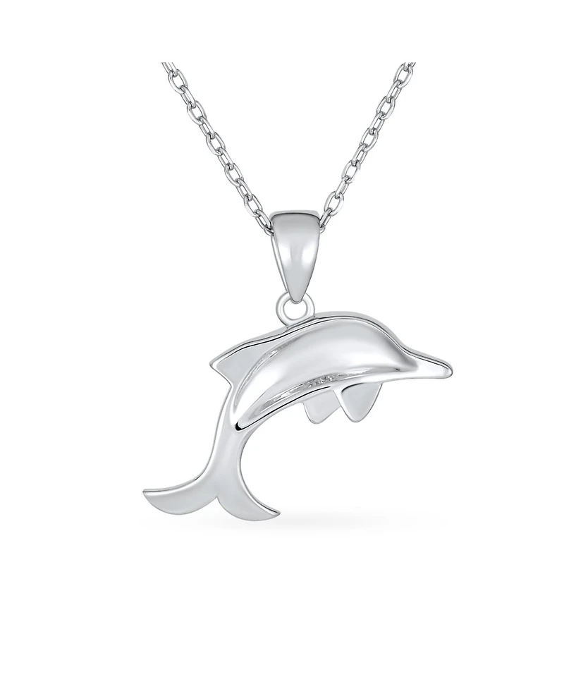 Bling Jewelry Created Blue Opal Inlay Nautical Ocean Marine Hawaiian Vacation Sea Life Dolphin Dangling Pendant Necklace .925 Sterling Silver