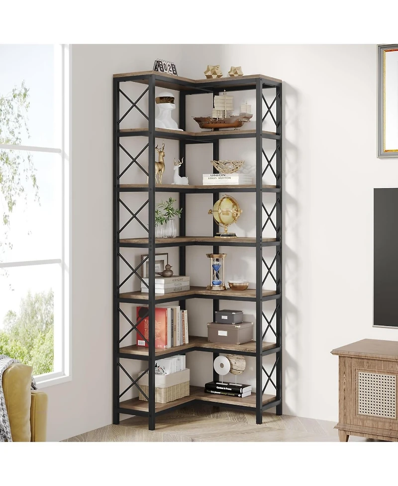 Tribesigns 7 Shelf Corner Bookcase, Industrial Large Bookshelf, 7-Tier Tall Storage Display Rack with Metal Frame for Living Room