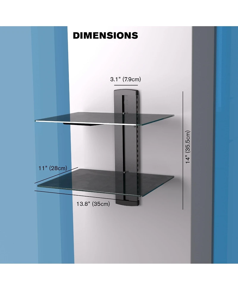 ProMounts Durable Double Glass Av Wall Shelf, Supports up to 36lbs