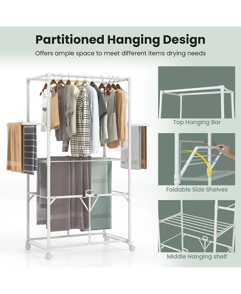 Foldable Clothes Drying Rack, 68.5" Aluminum Laundry Rack with Hanging Rods & Drying Shelves