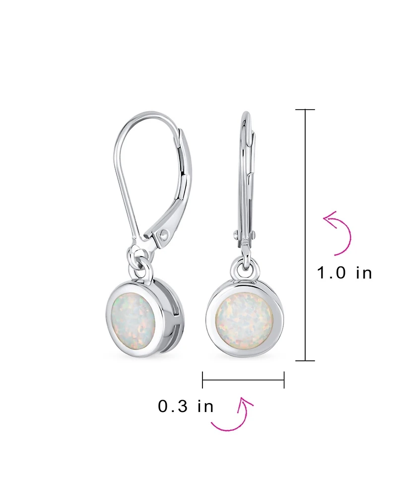 Bling Jewelry Bezel Round Circle Solitaire White Created Opal Dangle Lever Back Earrings .925 Sterling Silver