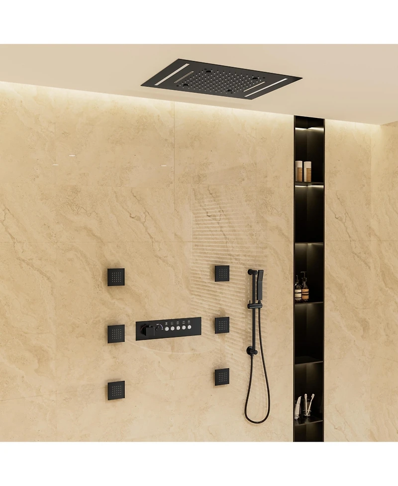 Mondawe Thermostatic Flush Ceiling Mounted Complete Shower System with Led Lights, Body Jets and Slide Bar