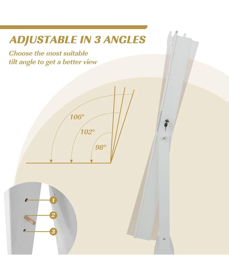 Rolling Floor Standing Mirrored Jewelry Armoire with Lock and Drawers