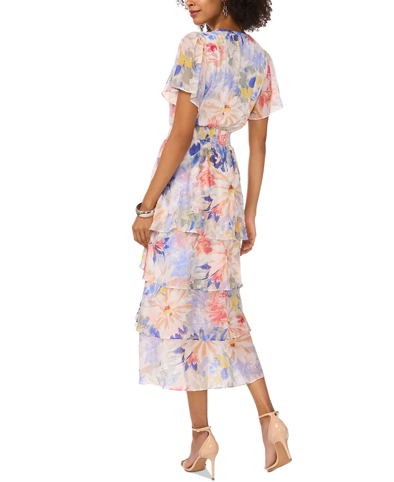 Vince Camuto Women's Floral-Print Flutter-Sleeve Tiered Midi Dress