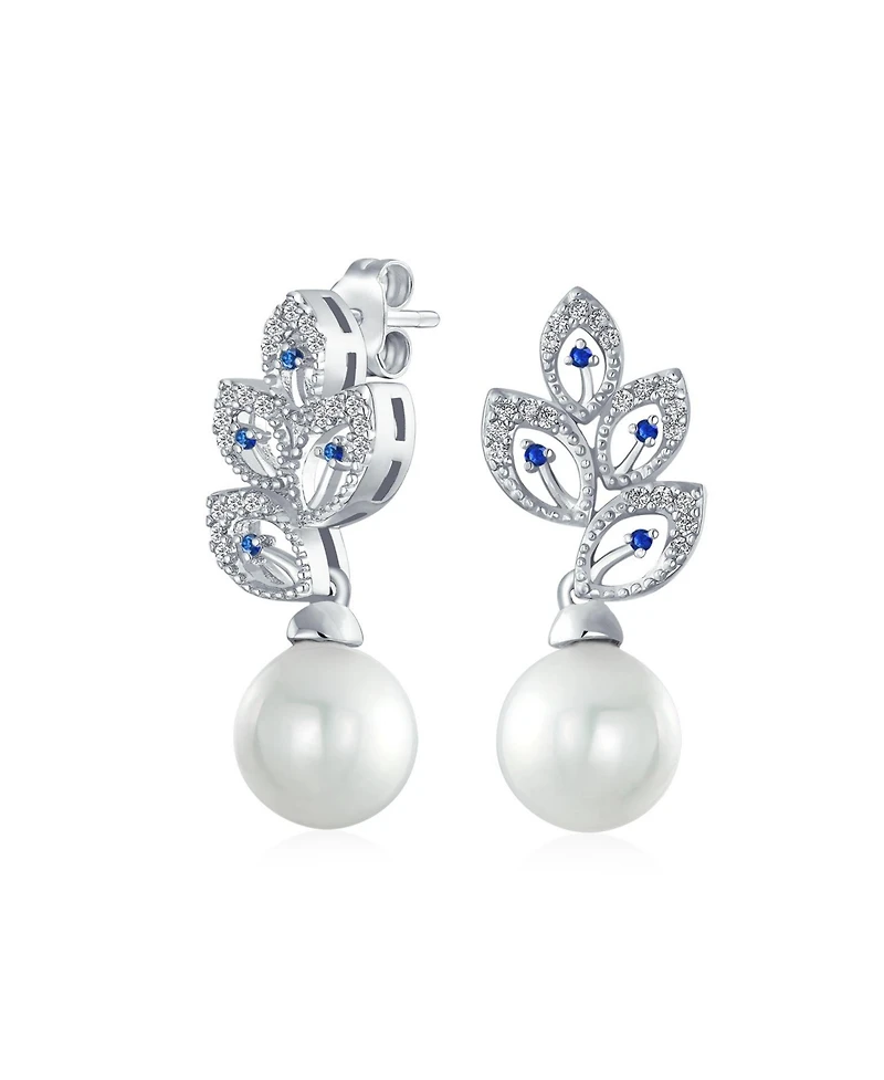 Bling Jewelry Statement Pave Cz Cubic Zirconia Leaf White Simulated Pearl Drop Earrings Silver Plated