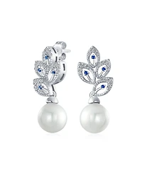 Bling Jewelry Statement Pave Cz Cubic Zirconia Leaf White Simulated Pearl Drop Earrings Silver Plated