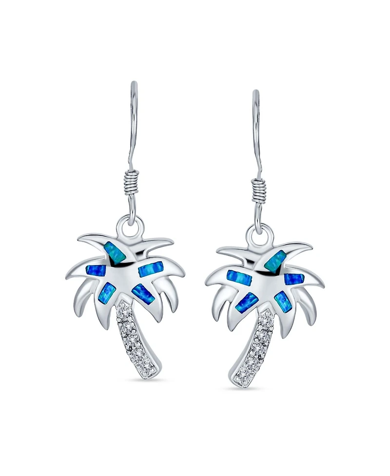 Bling Jewelry Created Blue Opal Beach Tropical Inlay Palm Tree Dangle French Wire Earrings .925 Sterling Silver