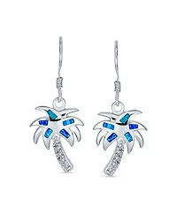 Bling Jewelry Created Blue Opal Beach Tropical Inlay Palm Tree Dangle French Wire Earrings .925 Sterling Silver