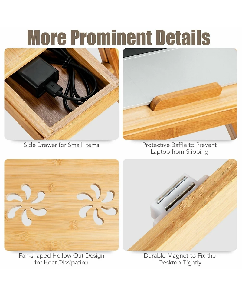 Bamboo Laptop Lap Tray with Adjustable Legs and Tilting Heat-dissipation Top