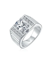 Bling Jewelry Hip Hop Micro Pave Halo 2-3CT Clear Blue Oval Princess Cut Solitaire Cz Statement Promise Ring Wide Band Silver Plated Matte Brush Finis
