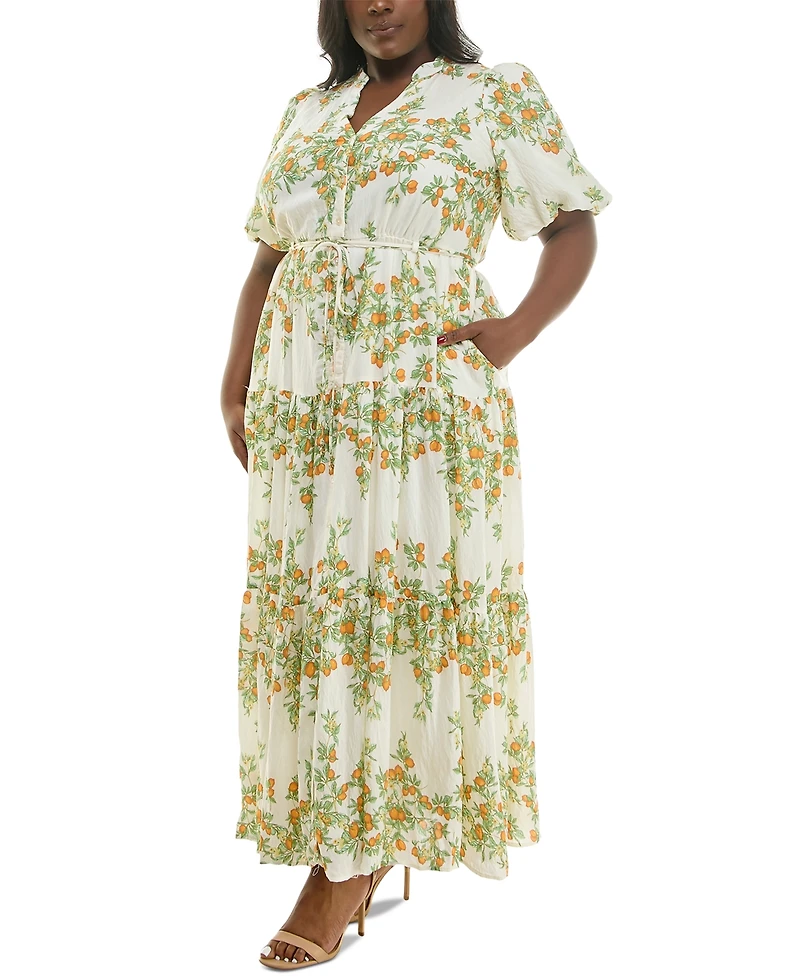 Taylor Plus Floral Split-Neck Puff-Sleeve Maxi Dress