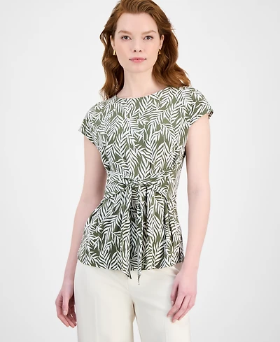 Kasper Women's Leaf-Print Tie-Waist Cap-Sleeve Top