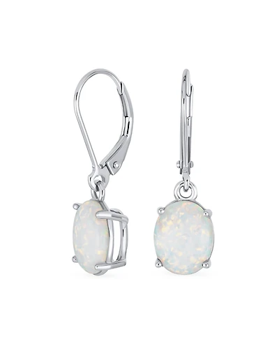 Bling Jewelry Classic White Created Opal Oval Solitaire Dangle Lever back Earrings .925 Sterling Silver