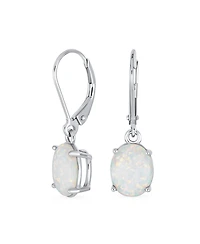 Bling Jewelry Classic White Created Opal Oval Solitaire Dangle Lever back Earrings .925 Sterling Silver
