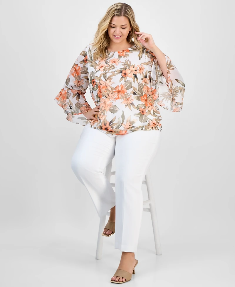 Kasper Plus Printed Flared-Sleeve Blouse