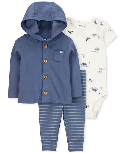 Carter's Baby Boys Cotton Little Character Set Hooded Cardigan, Barn-Print Bodysuit & Striped Pants, 3 Piece