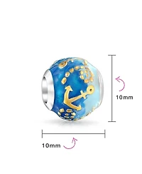 Bling Jewelry Tropical Ocean Blue Waves Anchor Charm Bead Gold Plated Silver Bracelet