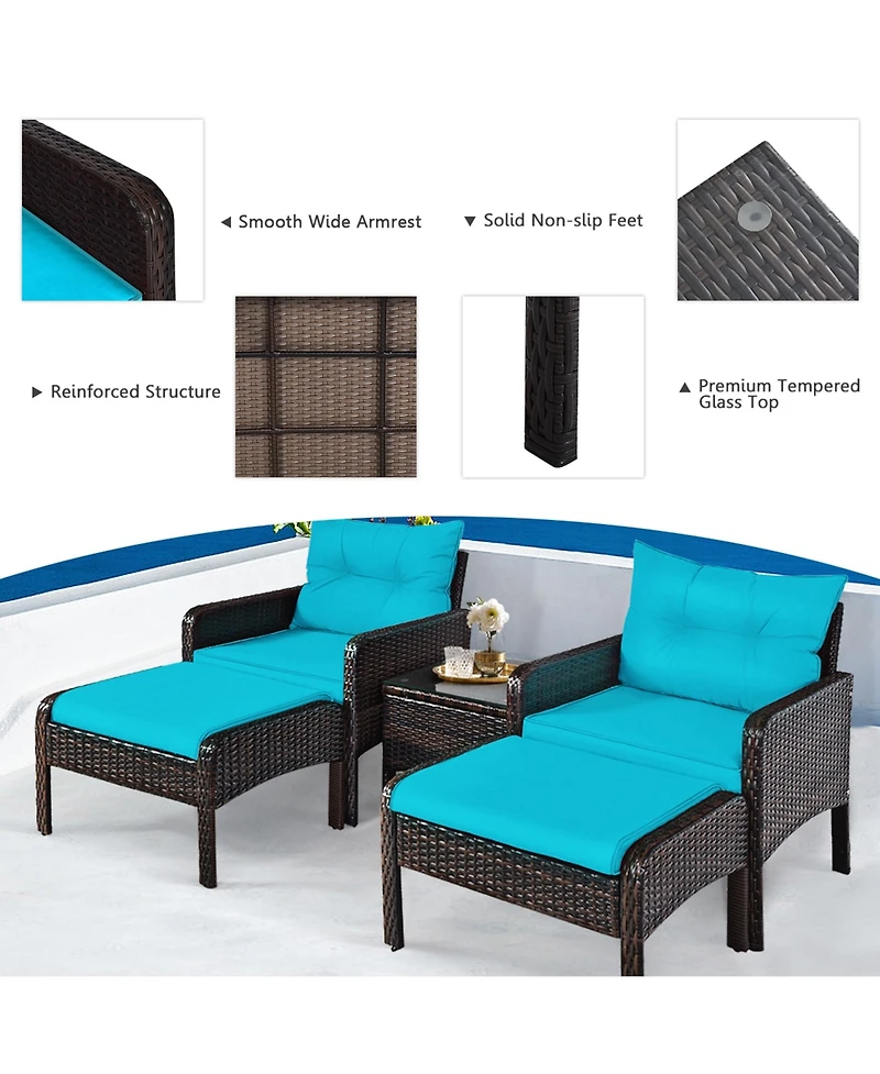 Gymax 5PCS Patio Set Sectional Rattan Wicker Furniture Set w/ Turquoise Cushion