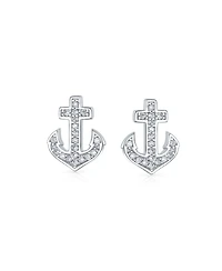Bling Jewelry Whimsical Nautical Cz Stud Earrings with Boat Anchor, Pave Cubic Zirconia, Sterling Silver