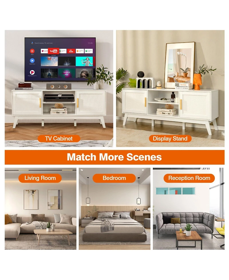 Tv Stand Entertainment Media Console with 2 Rattan Cabinets and Open Shelves