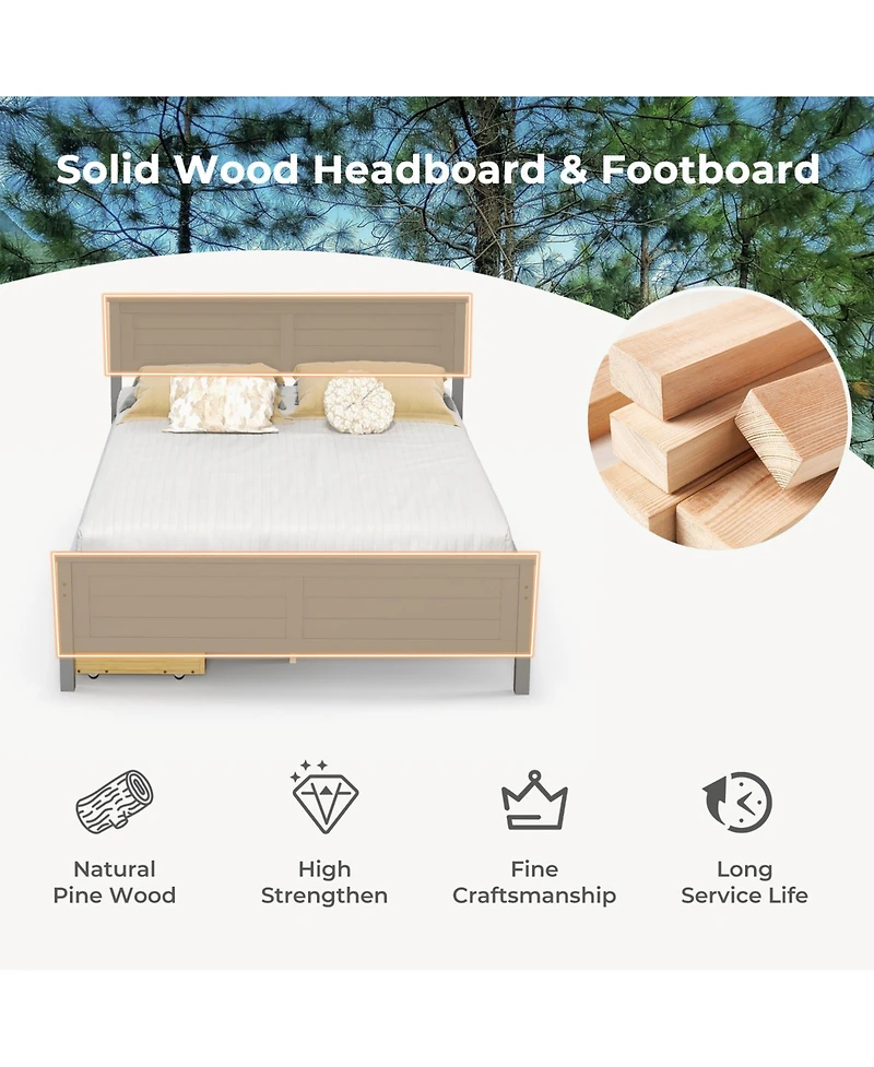 Full Size Bed Frame with Storage Drawers and Solid Wood Headboard