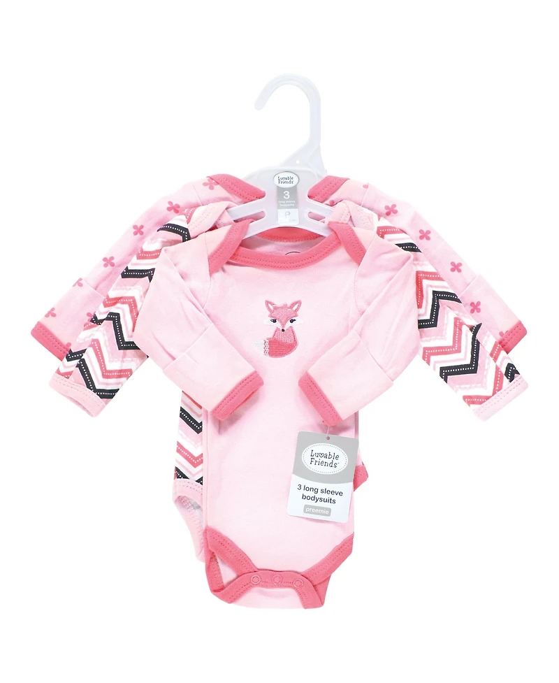 Luvable Friends Baby Girls Preemie Long Sleeve Bodysuits 3pk - Foxy