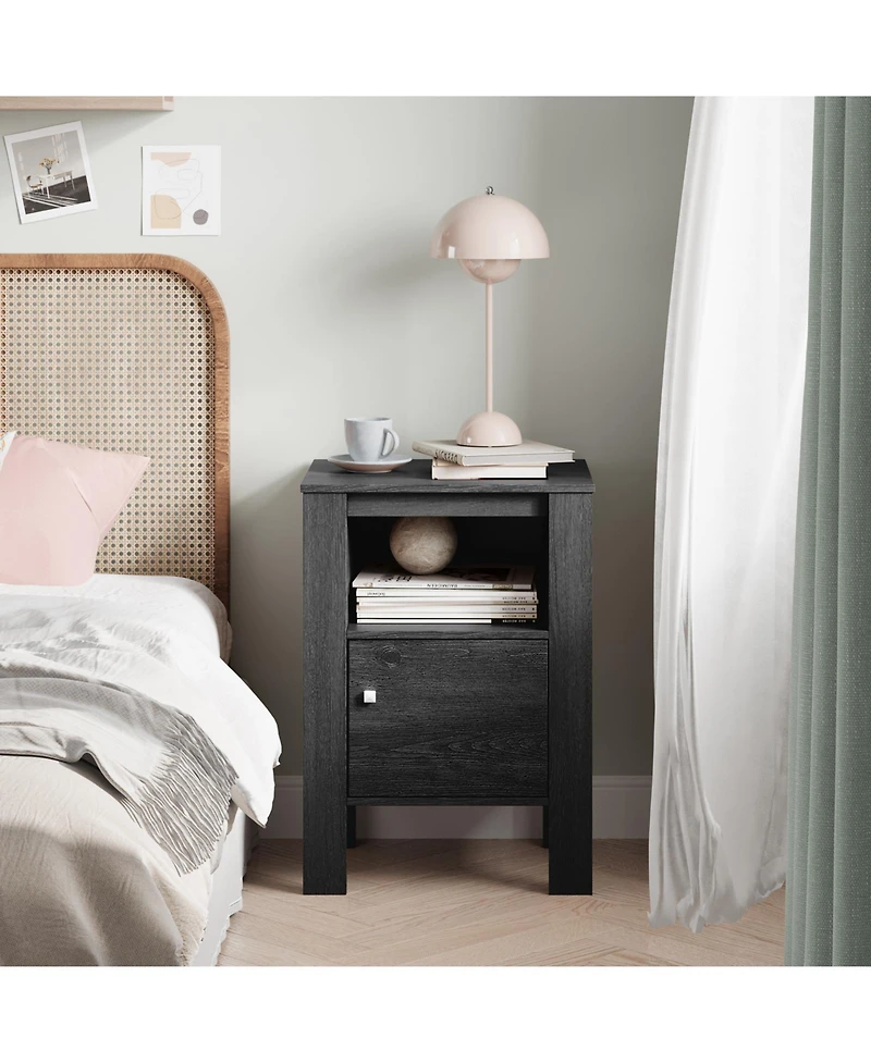 Compact Floor Farmhouse Nightstand with Open Shelf and Cabinet