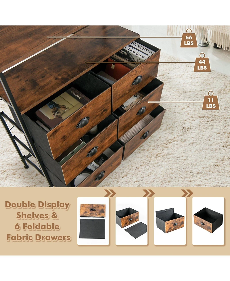 2-Tier Storage Chest with Wooden Top and 6 Fabric Drawers