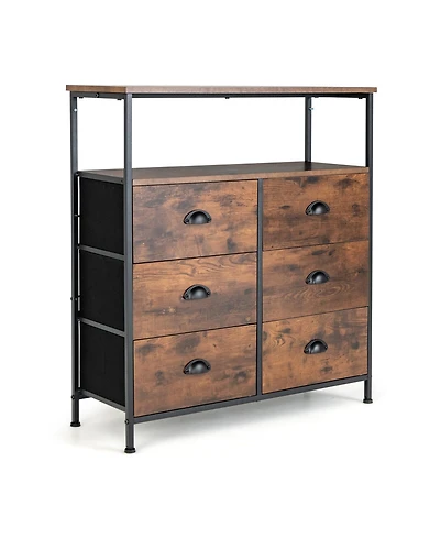 2-Tier Storage Chest with Wooden Top and 6 Fabric Drawers