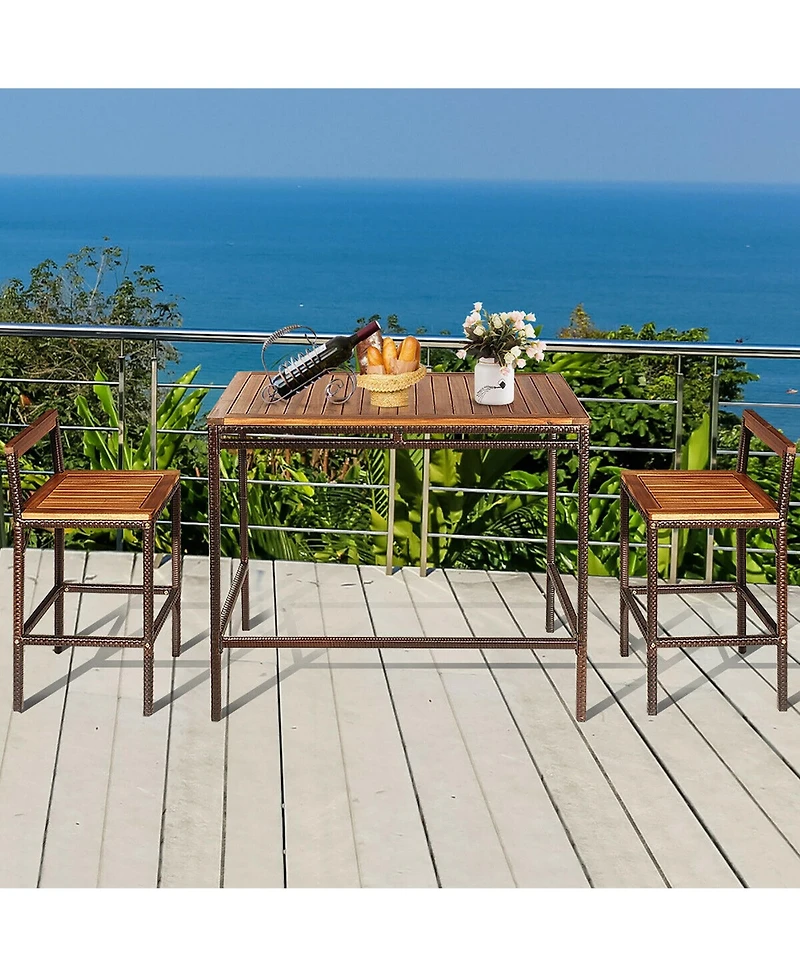 3 Pcs Patio Rattan Wicker Bar wood Table Chair Outdoor