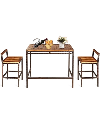 3 Pcs Patio Rattan Wicker Bar wood Table Chair Outdoor