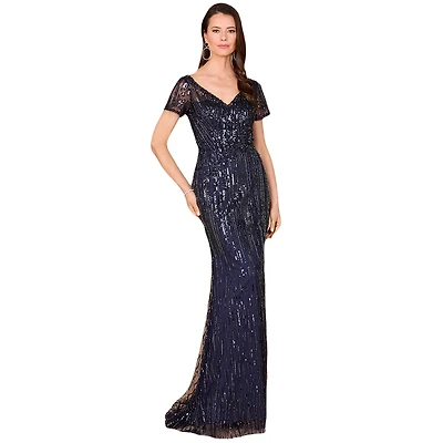 Lara Women's Short Sleeve, Beaded Mermaid Gown