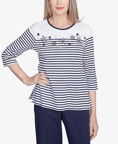 Alfred Dunner Women's Land of The Free Striped Star-Studded Crew Neck Top