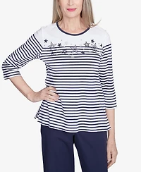 Alfred Dunner Women's Land of The Free Striped Star-Studded Crew Neck Top