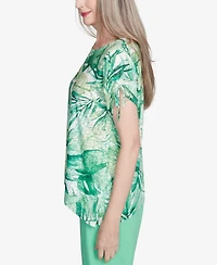 Alfred Dunner Women's Rise Shine Monotone Tropical Leaf Crew Neck T-Shirt