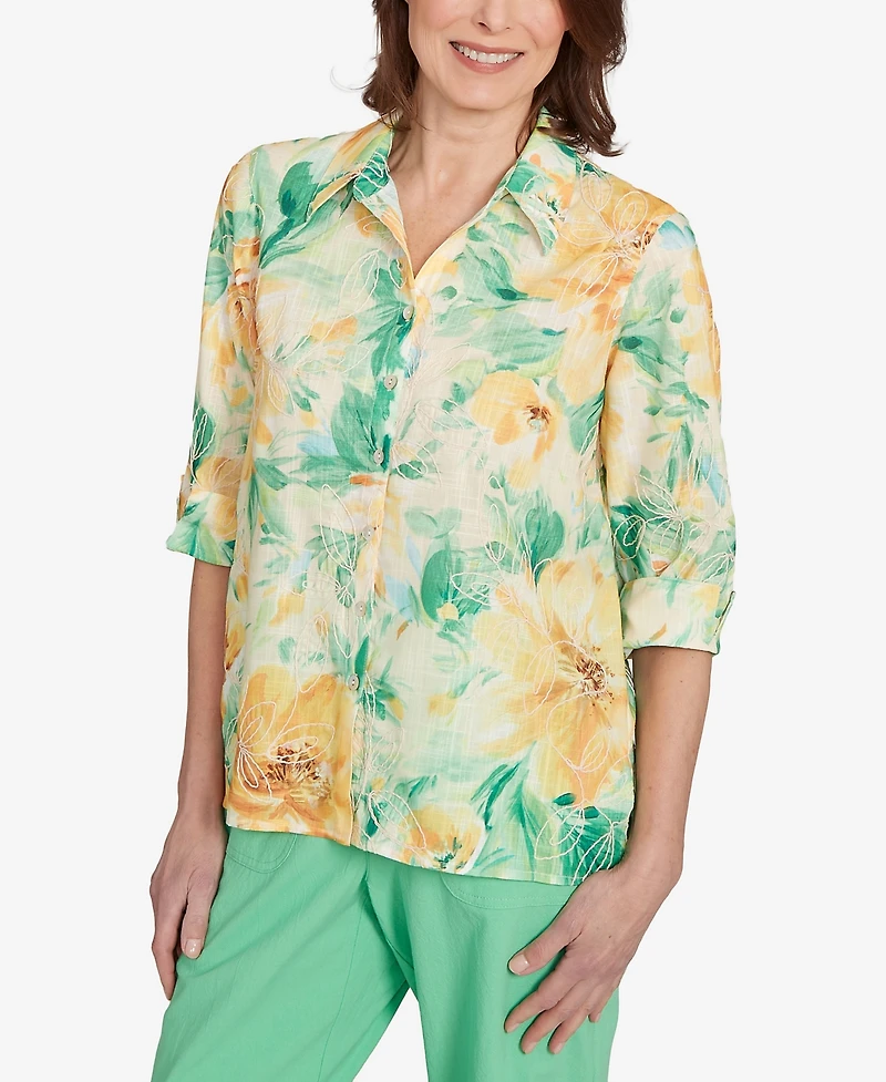 Alfred Dunner Women's Rise Shine Watercolor Floral Tie Sleeve Collared Neck Top