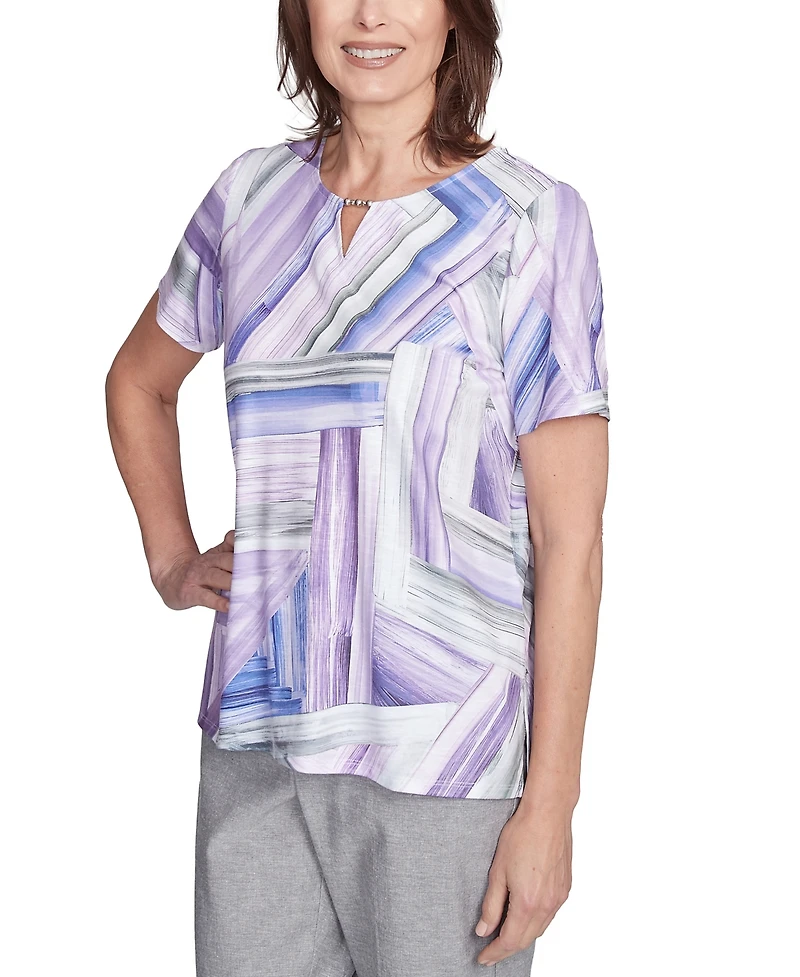 Alfred Dunner Women's Crystal Springs Brushstroke-Stained Glass Keyhole Neck T-Shirt