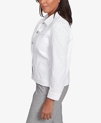 Alfred Dunner Women's Crystal Springs Eyelet Denim Collared Neck Jacket