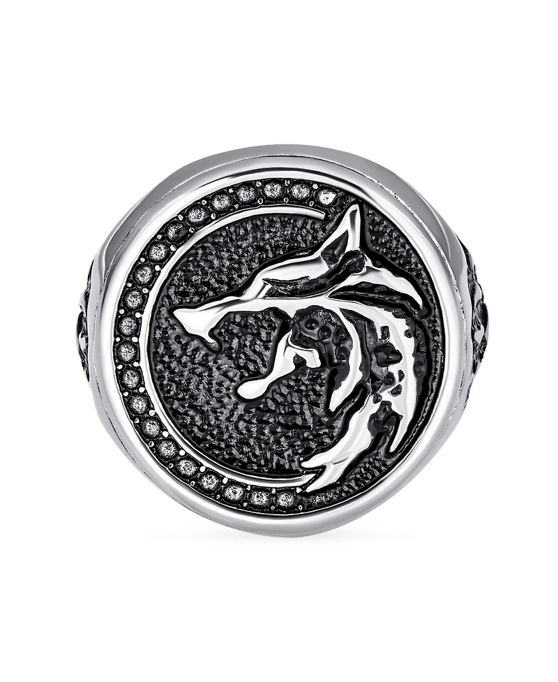 Bling Jewelry Signet Fierce Roaring Big Wolf Head Coin Ring Oxidized Stainless Steel