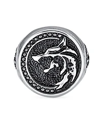 Bling Jewelry Signet Fierce Roaring Big Wolf Head Coin Ring Oxidized Stainless Steel