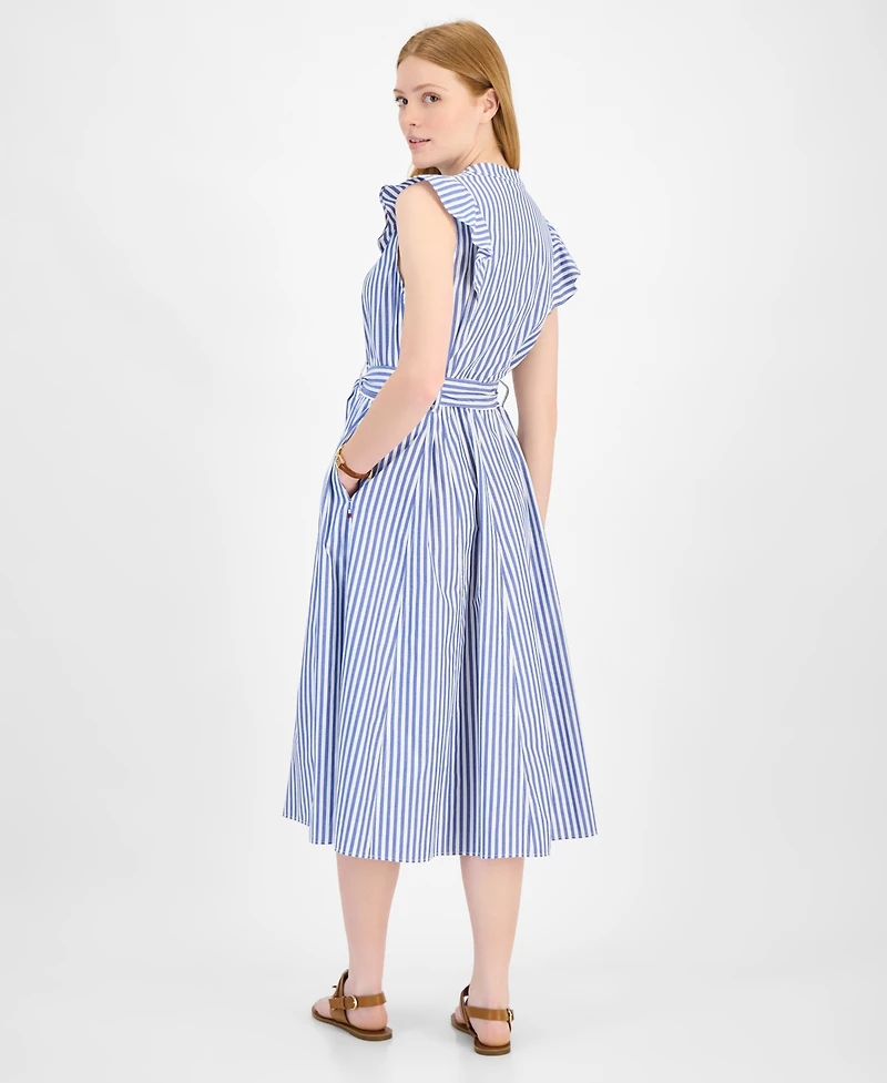 Tommy Hilfiger Women's Cotton Striped Ruffled Midi Dress