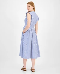 Tommy Hilfiger Women's Cotton Striped Ruffled Midi Dress