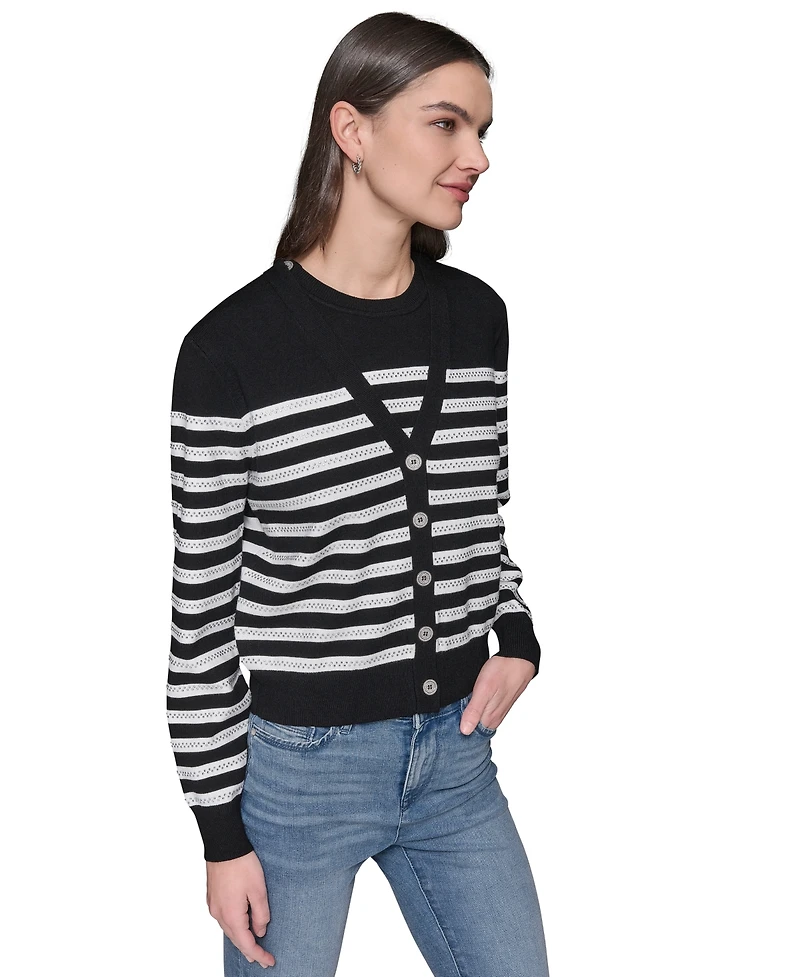 Karl Lagerfeld Paris Women's Striped Crystal-Button Cardigan