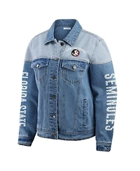 Wear by Erin Andrews Women's Denim Florida State Seminoles Sleeve Hit Color Block Button-Down Jacket