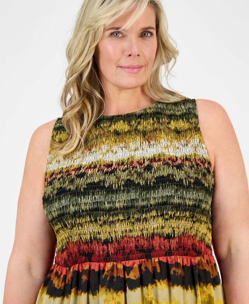 Anne Klein Plus Printed Smocked-Bodice Tiered Dress