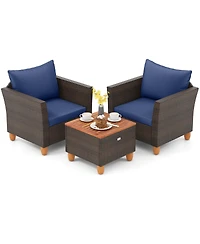 3PCS Patio Rattan Bistro Furniture Set Wood Table Top Cushion Sofa