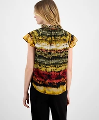Anne Klein Women's Printed Ruffled-Neck Flutter-Sleeve Chiffon Top