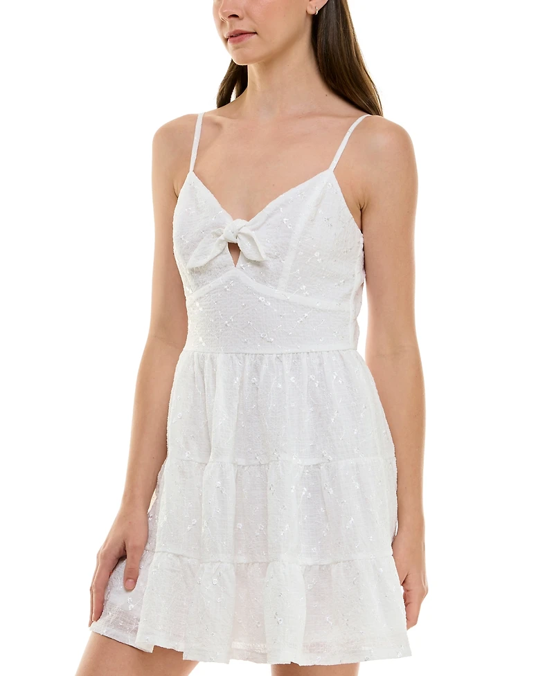 Trixxi Juniors' Tie-Neck Floral Embroidered Fit & Flare Dress