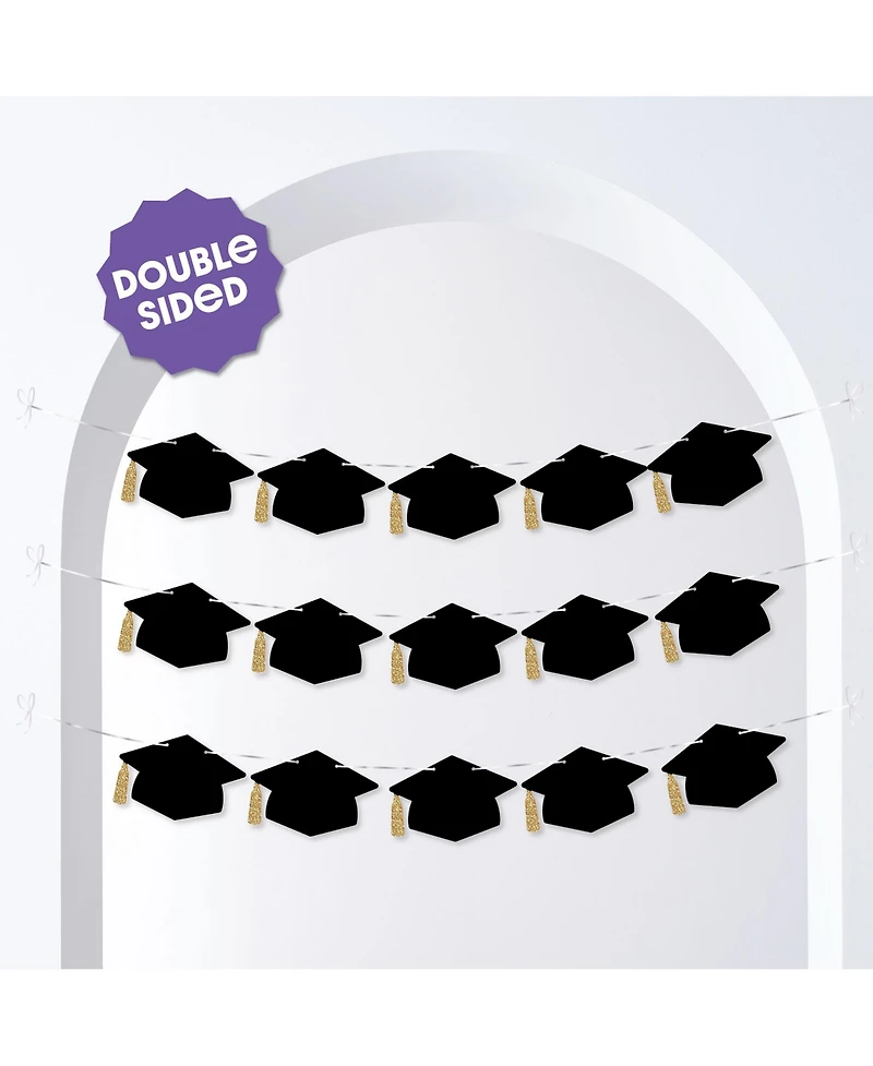 Graduation Cap Garland Banner, 10 Feet of Cord, 15 Black Hats with Gold Tassels